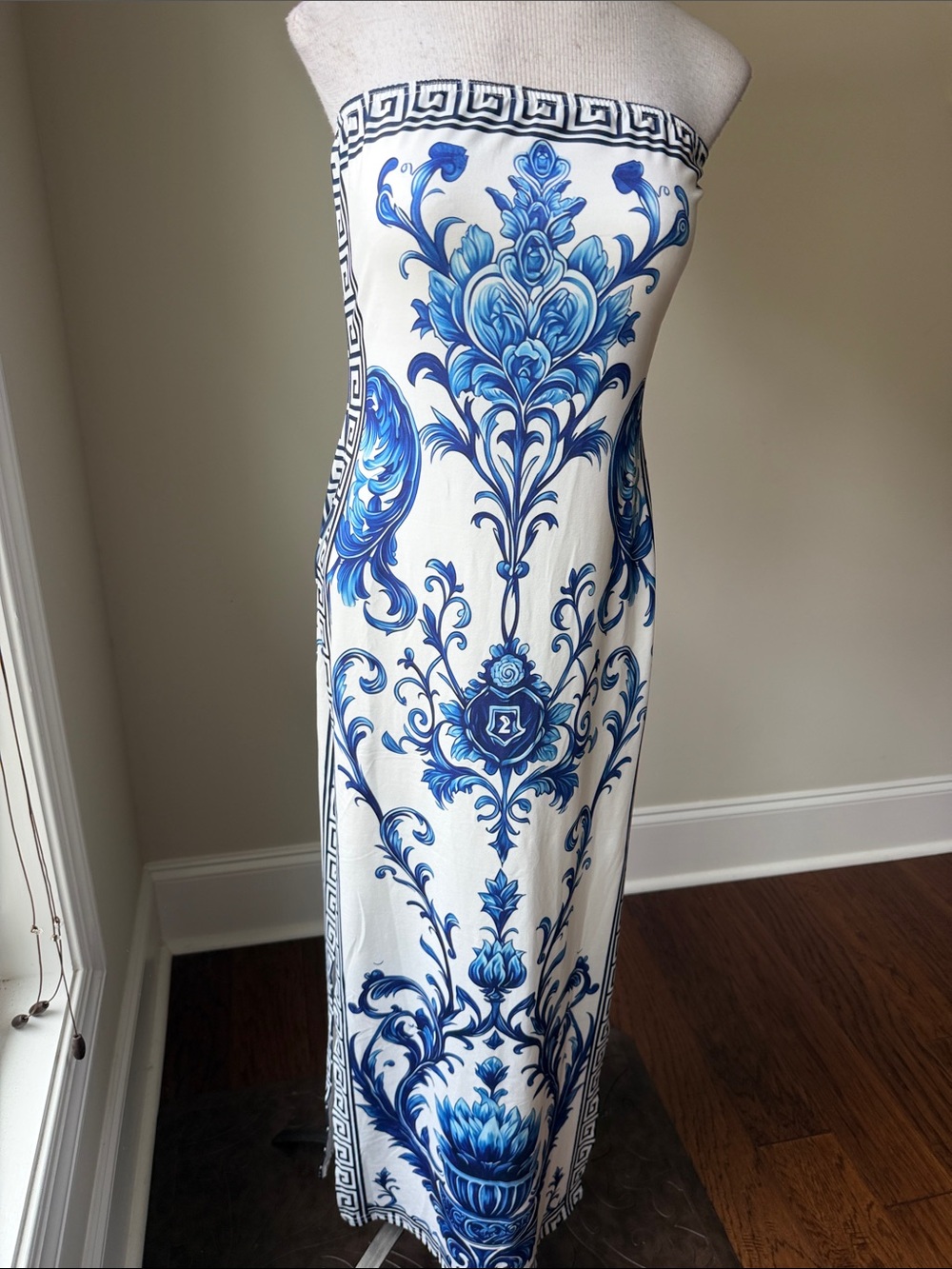Blue & White Strapless Maxi Dress with Baroque Floral Print